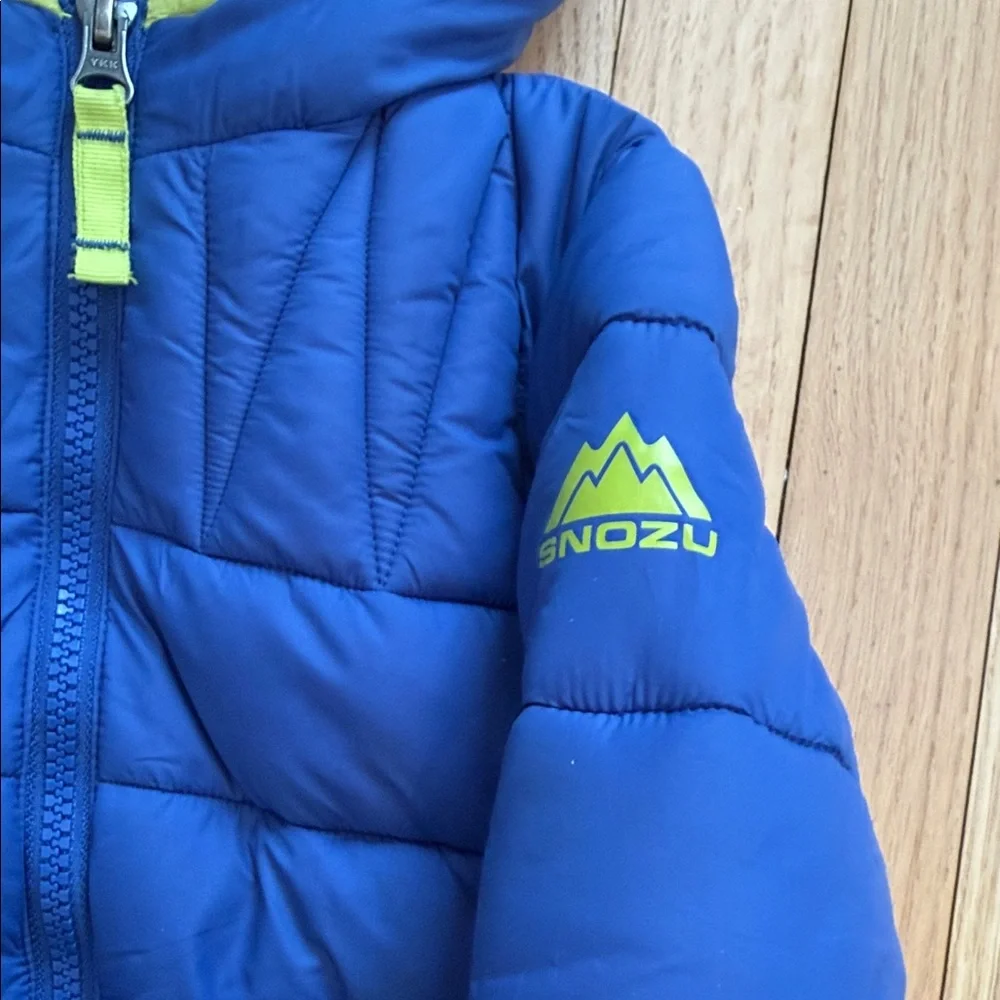 SNOZU Toddler Blue & Neon Green Hood Puffer Fleece Lined Jacket with Double Zip